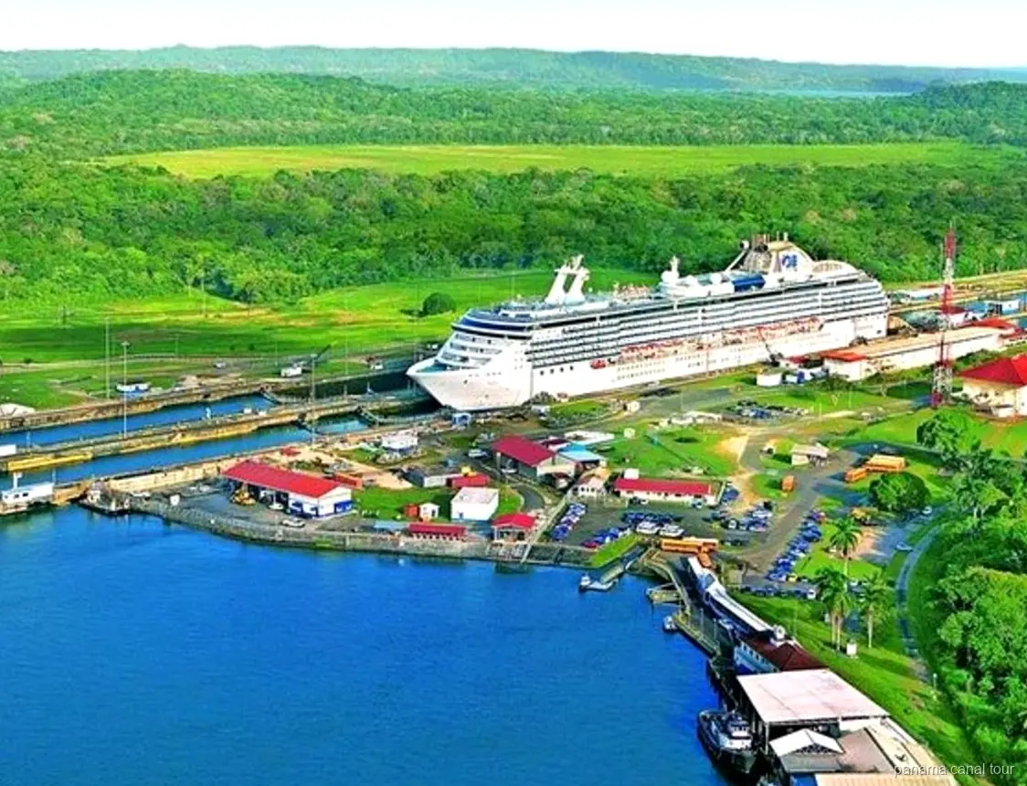 Cargo ship transiting the Miraflores Locks viewed from the visitor center